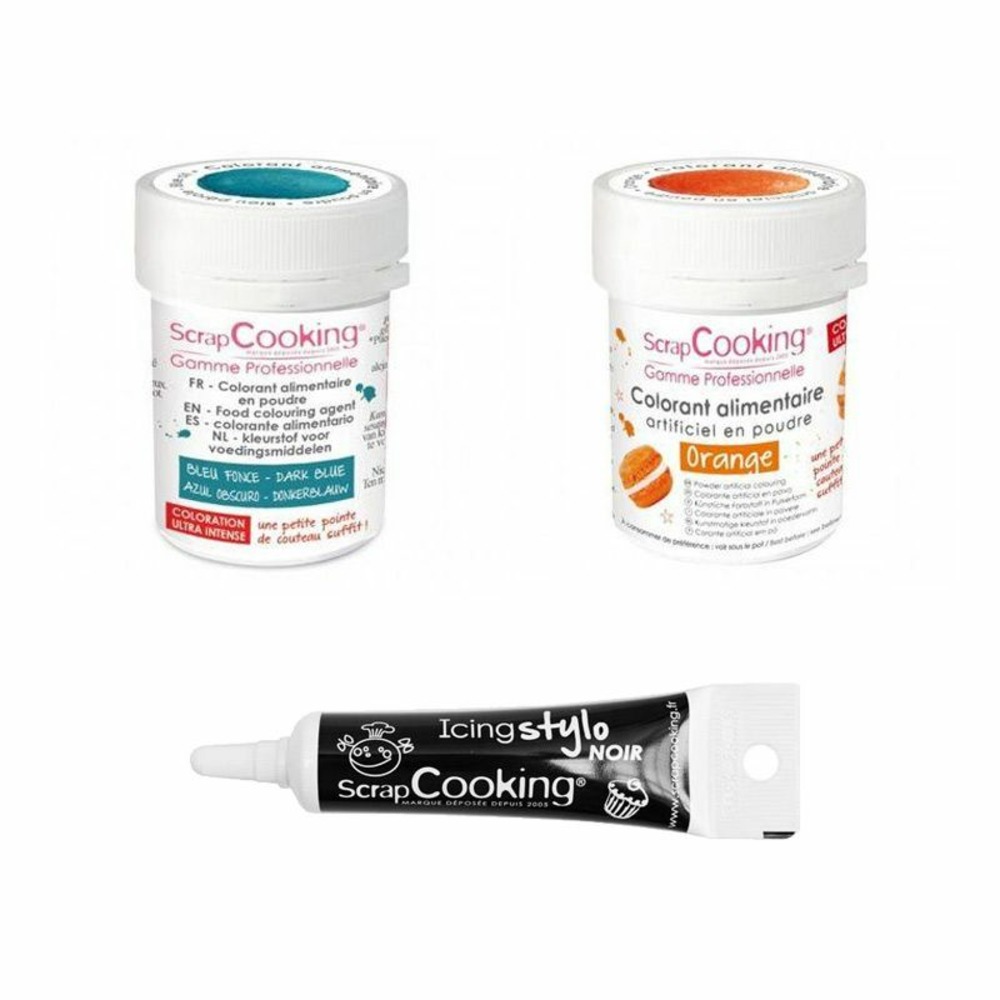 2 colorants alimentaires bleu foncé-orange + stylo glaçage noir