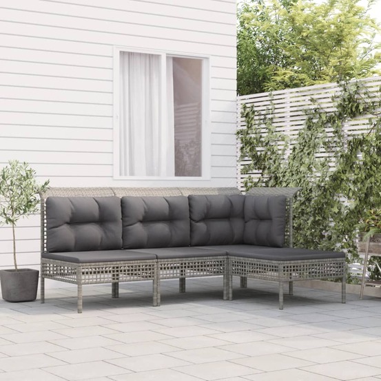 Salon de jardin 4 pcs avec coussins gris résine tressée