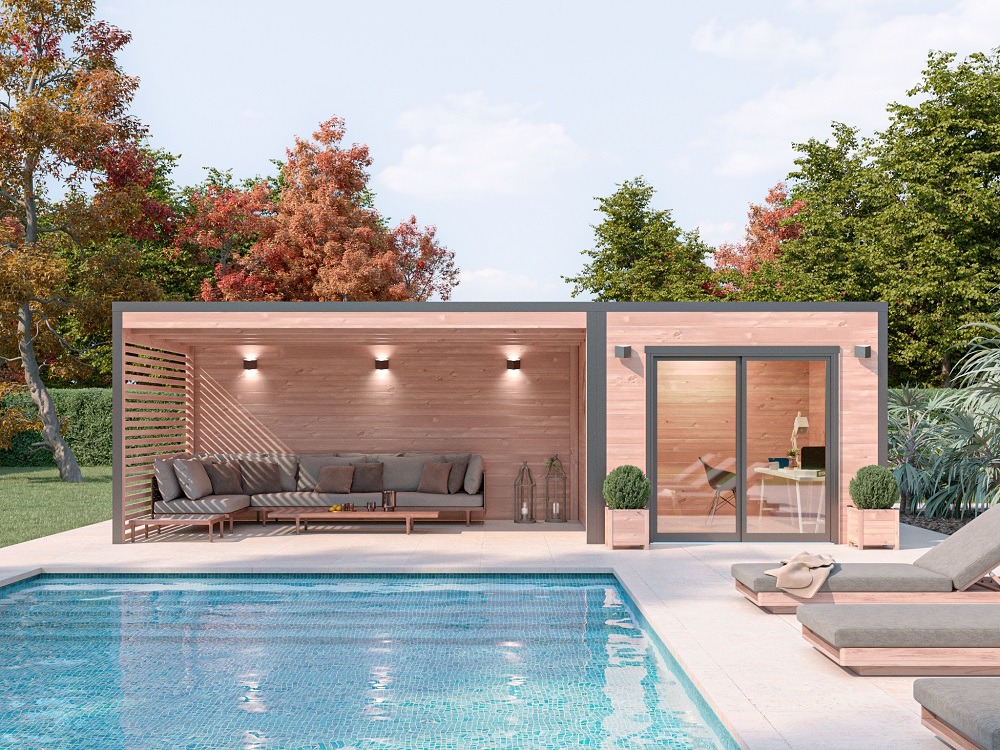 Poolhouse design 23m2 - bois douglas epaisseur 55mm - baie vitree alu - toiture acier avec voliges