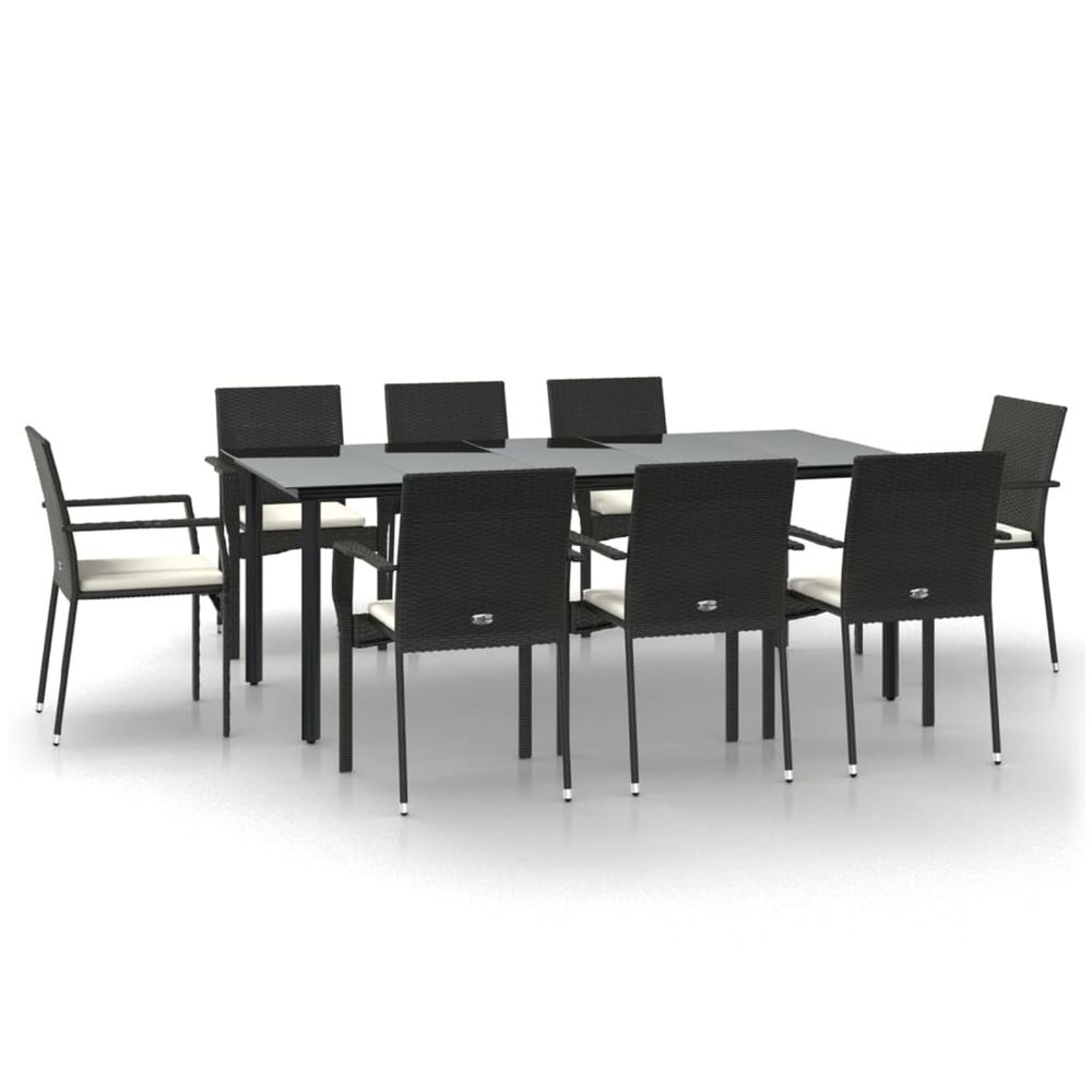 Ensemble à manger jardin 9pcs et coussins noir résine tressée