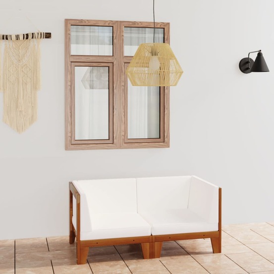 Canapé 2 places avec coussins blanc crème bois d'acacia massif