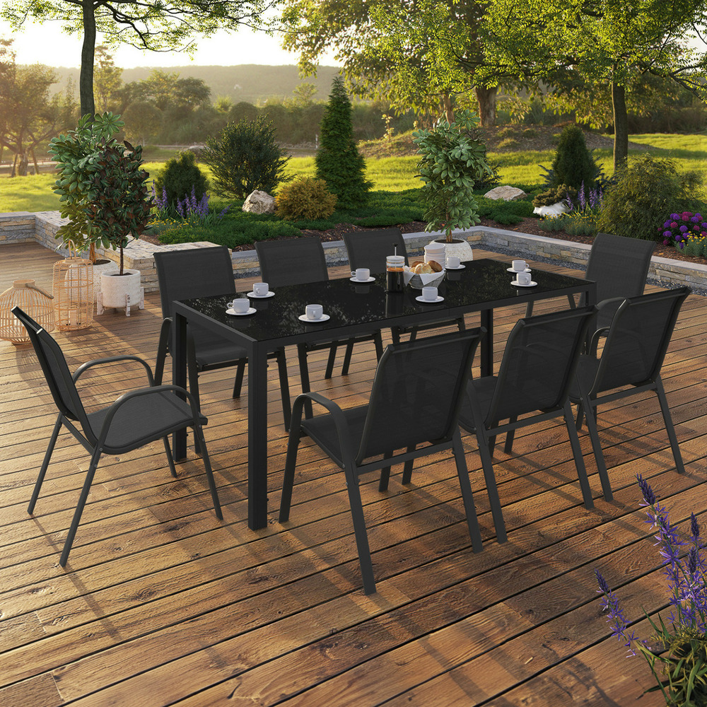 Salon de jardin madrid table 190 cm et 8 chaises empilables noires