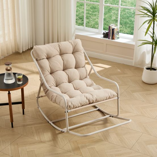 Fauteuil à bascule confortable rembourré épais, pour salon, chambre, jardin et terrasse, structure noire, coussin bleu marine.