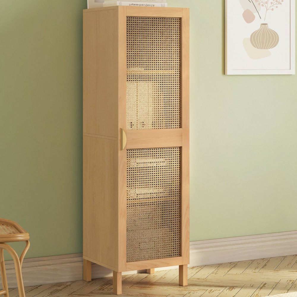 Armoire de rangement edhen 1 porte 3 étagères bois et cannage