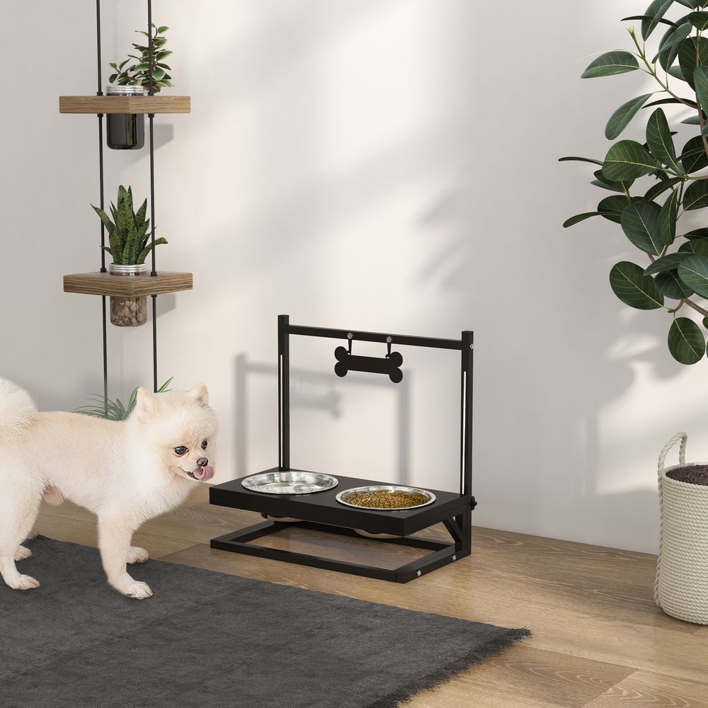 Support gamelles réglable pour chien acier noir et inox 40,5 x 22 x 39 cm 2 bols 900 ml avec plaque nom