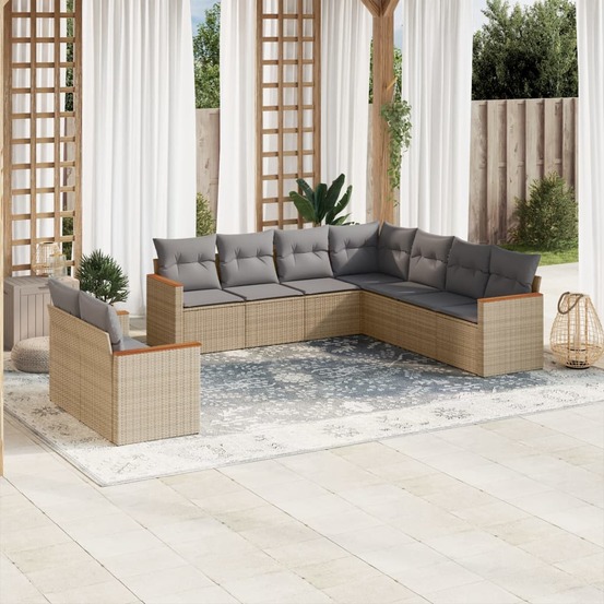 Salon de jardin avec coussins 9 pcs beige résine tressée