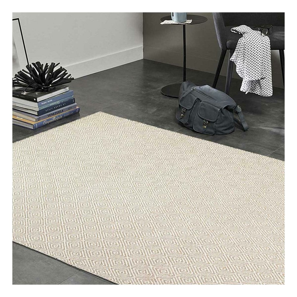 Tapis kilim 200x300 rectangle fait main en laine beige motif géométrique