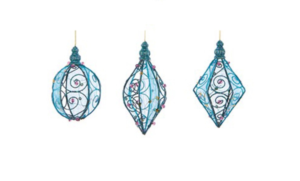 3 boules en metal et velours bleu et rose decoration noel