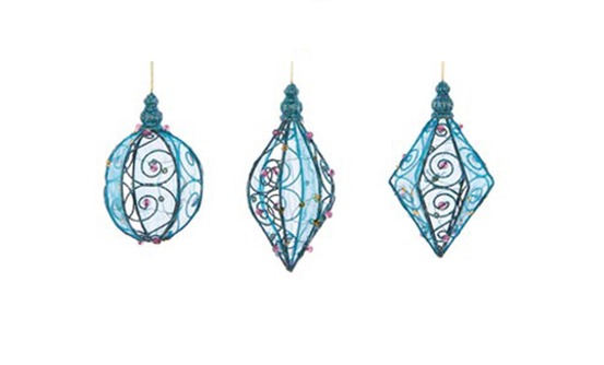 3 boules en metal et velours bleu et rose decoration noel