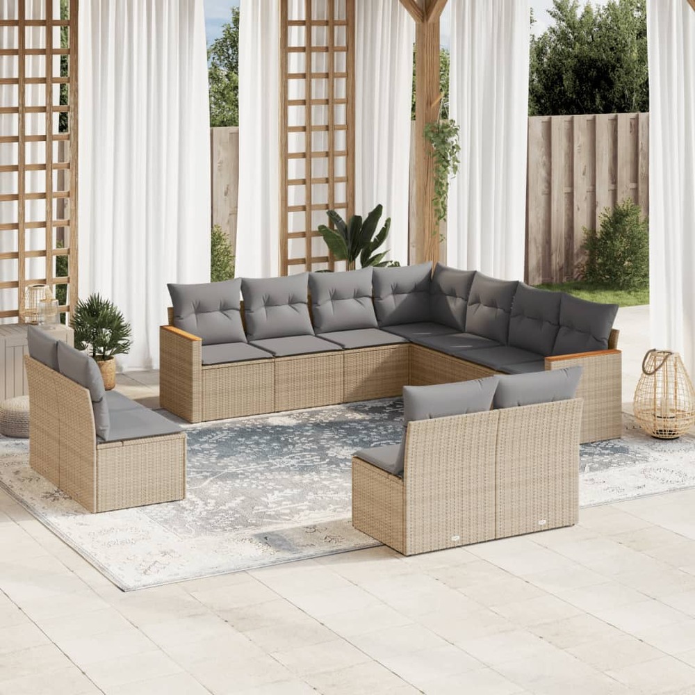 Salon de jardin et coussins 11 pcs mélange beige résine tressée