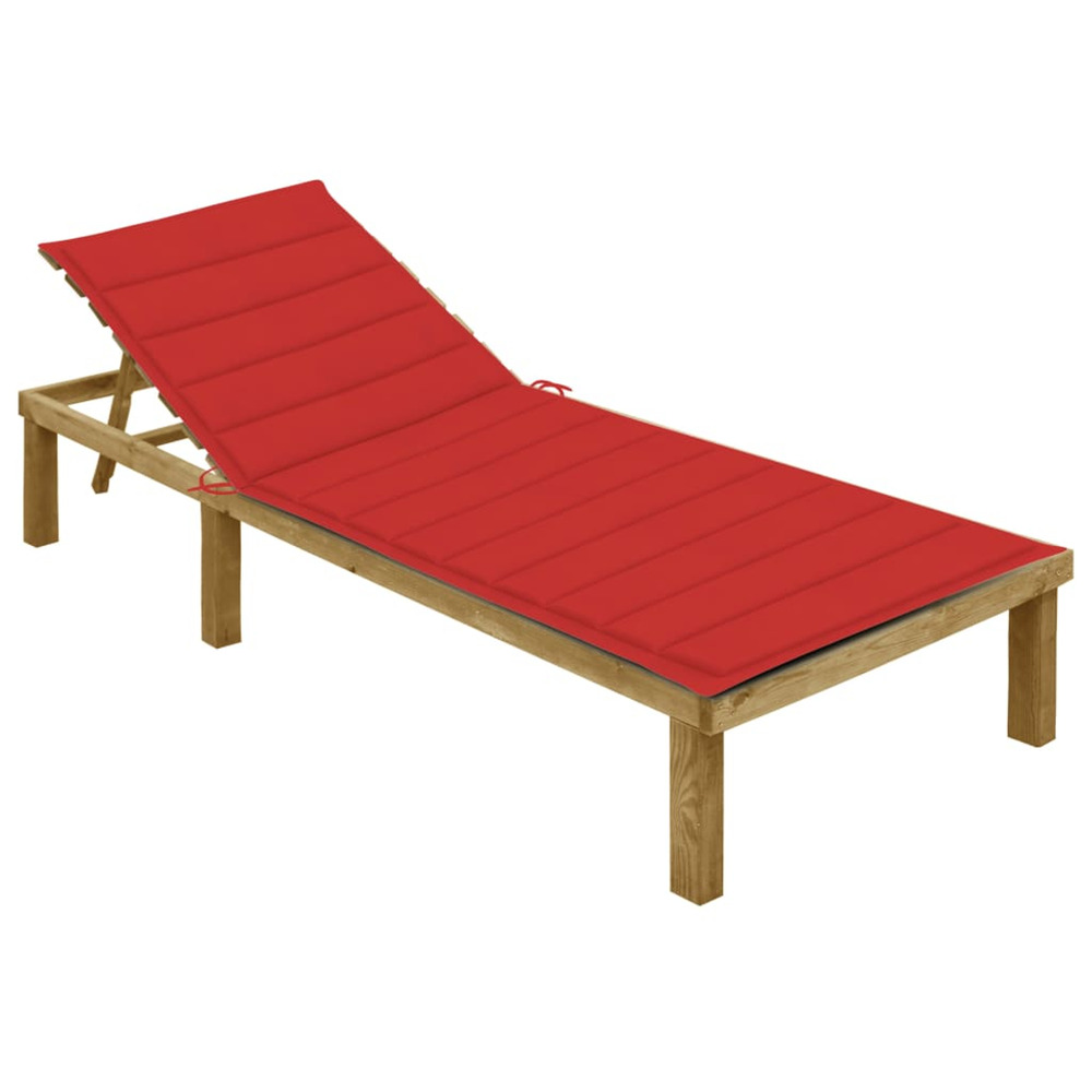 Chaise longue avec coussin rouge bois de pin imprégné bain de soleil