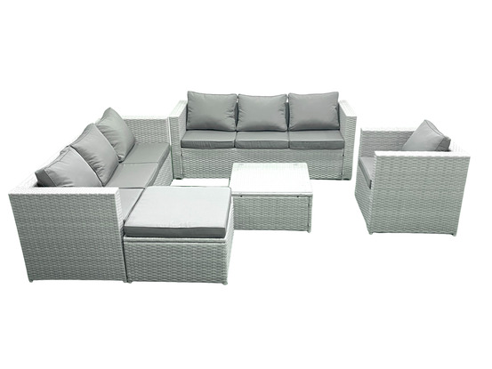 Meubles d'extérieur en rotin avec fauteuil table basse carrée grand tabouret gris clair mixte