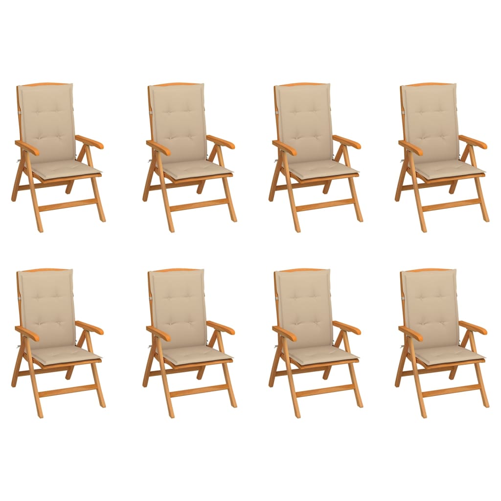 Chaises inclinables de jardin avec coussins 8 pcs teck solide