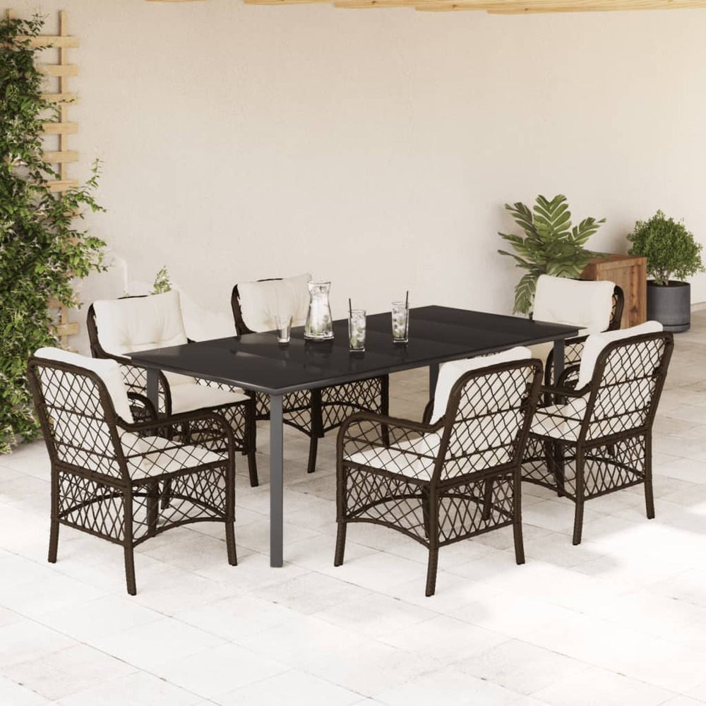 Ensemble à manger de jardin et coussins 7 pcs marron rotin