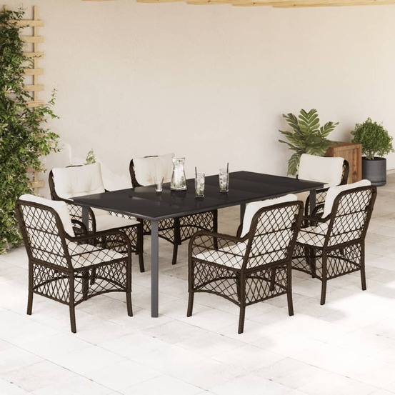 Ensemble à manger de jardin et coussins 7 pcs marron rotin