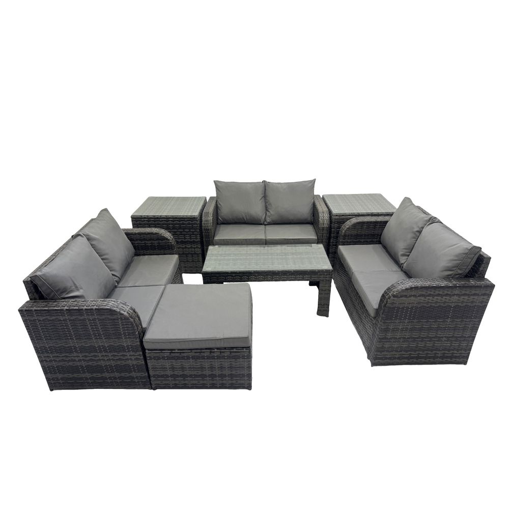 7 places salon de jardin meubles de jardin avec table basse canapé à deux places 2 tables d'appoint grand tabouret gris foncé mixte