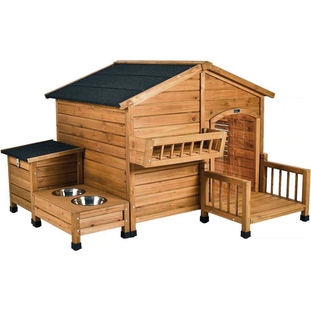 Niche pour chien en bois avec mangeoire et boite de rangement 
