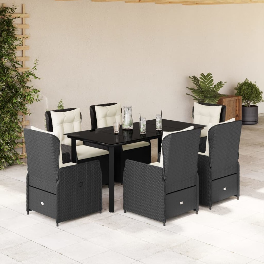 Ensemble à manger de jardin coussins 7pcs noir résine tressée