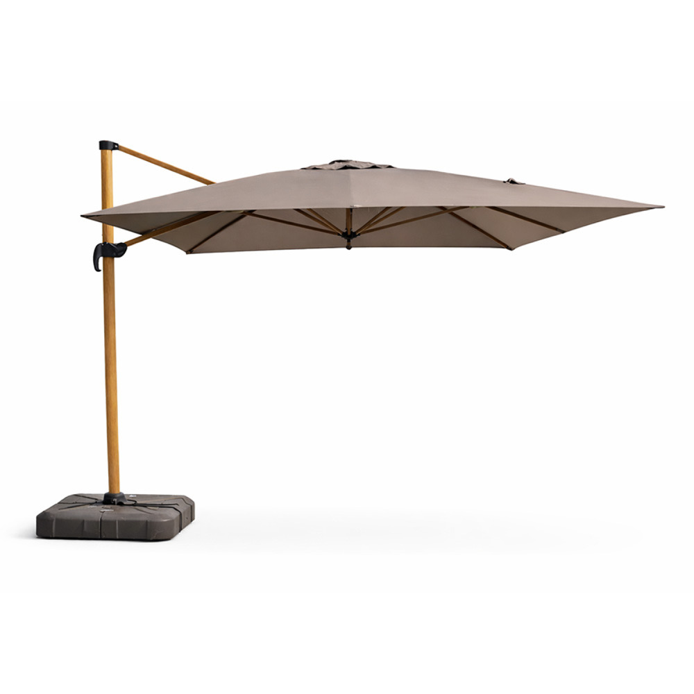 Parasol rectangulaire 3x4m déporté rotatif gris pied effet bois en aluminium cesare