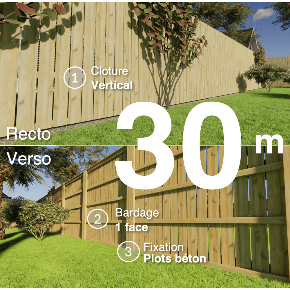 Kit clôture bois moderne 30m – h 2,3m – 21 x 145 mm autoclave vert – pose vertical – simple face – à sceller