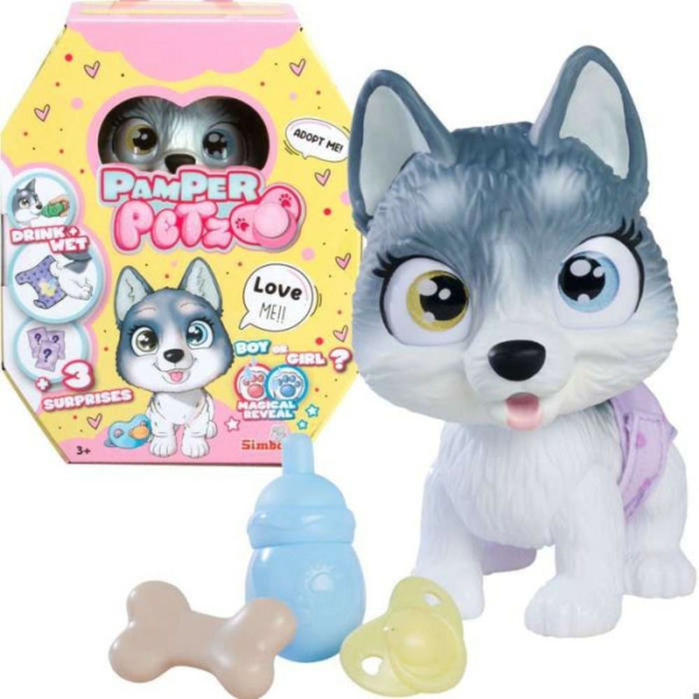 Smoby - pamper petz - husky a adopter - 4 accessoires - articulé - bois et fais pipi - certificat d'adoption - des 3 ans