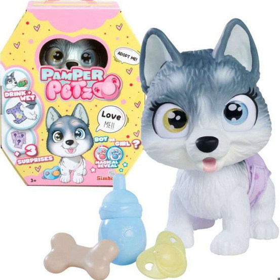 Smoby - pamper petz - husky a adopter - 4 accessoires - articulé - bois et fais pipi - certificat d'adoption - des 3 ans