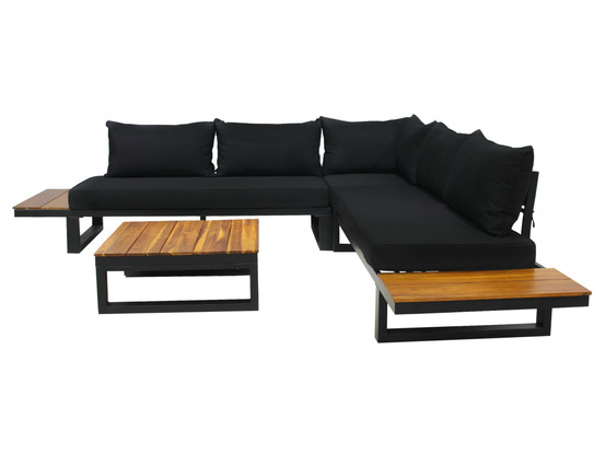 Salome - salon bas de jardin 5 places + table - modulable - bois, métal et coussins noirs