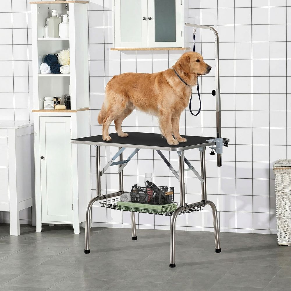 Table de toilettage pour chien acier inoxydable 90 x 60 x 75 cm noire pliable potence panier jusqu’à 150 kg