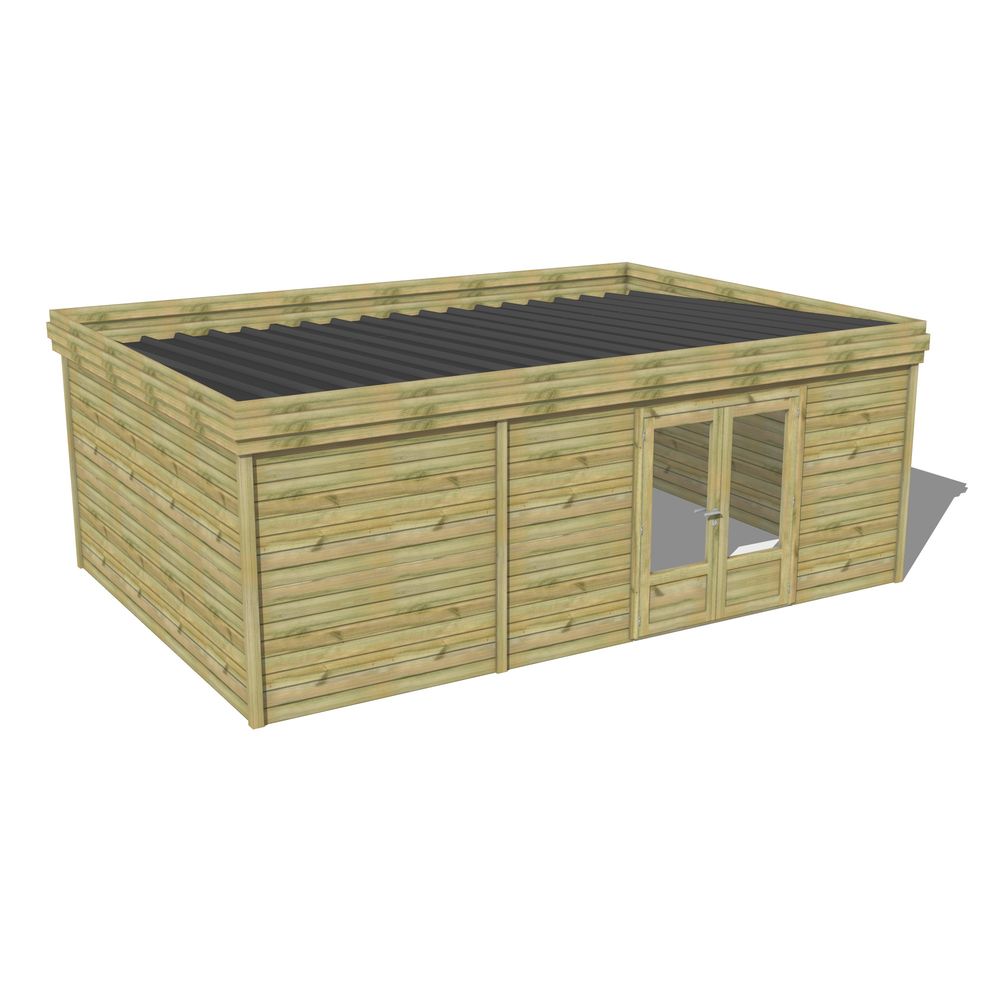 Abri de jardin bois pin traité autoclave 27mm - 6,395x4,34m / 28m2 - bac acier - abri français
