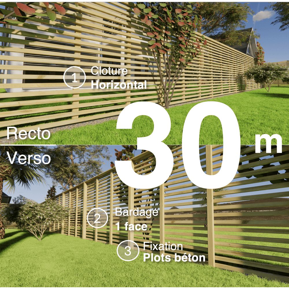 Kit clôture bois moderne 30m – h 1,9m – 45 x 45 mm autoclave – pose horizontal – simple face – à sceller