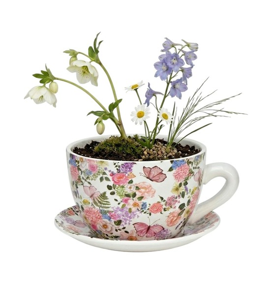 Vase ou pot de fleurs en forme de tasse fleurs et papillons