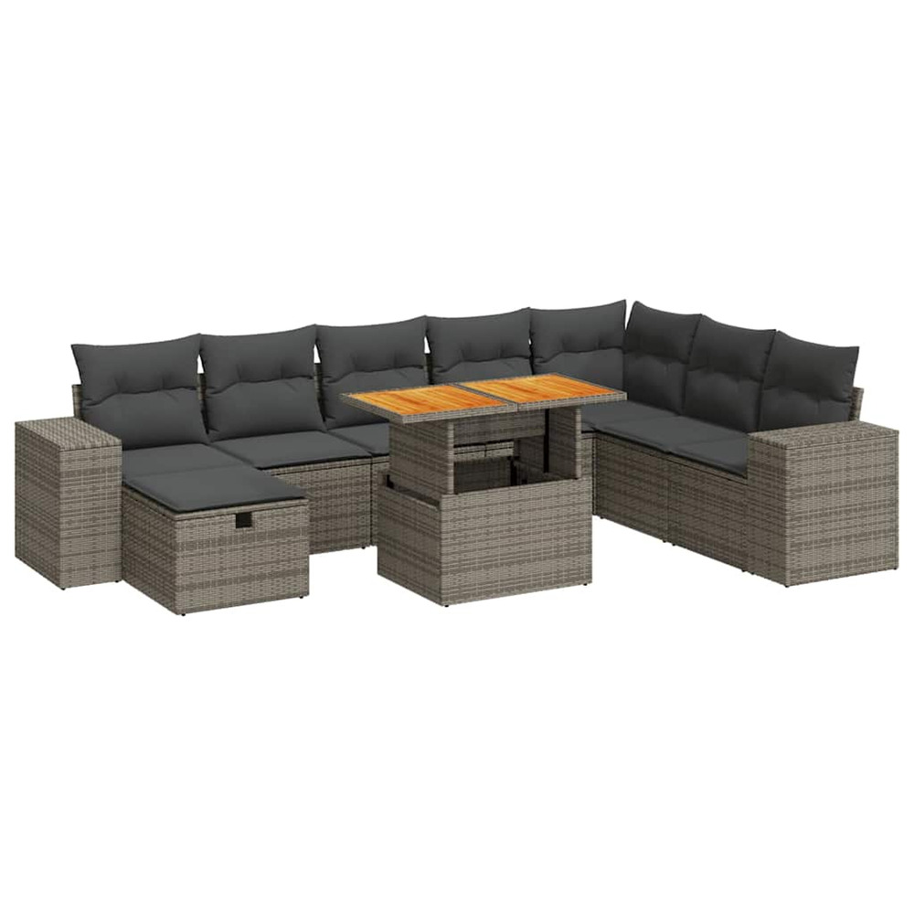 Salon de jardin avec coussins 9 pcs gris résine tressée acacia