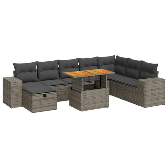 Salon de jardin avec coussins 9 pcs gris résine tressée acacia