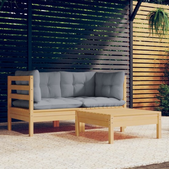 Salon de jardin 3 pcs avec coussins gris bois de pin