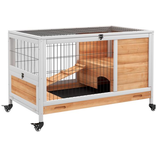 Clapier intérieur compact sur roulettes bois lapin toit ouvrant 90x53x59cm jaune