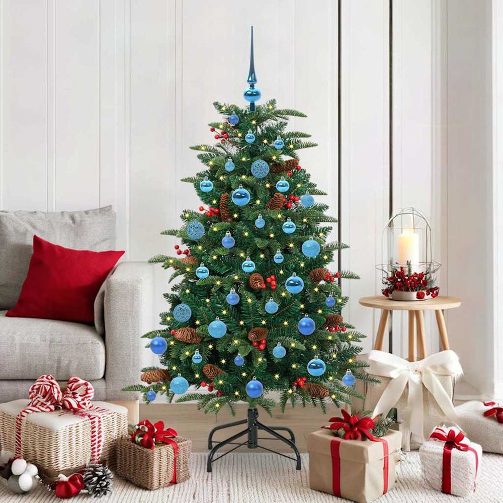 Grand sapin de noël artificiel vert 150 cm, kit lumineux tout-en-un avec led et boules