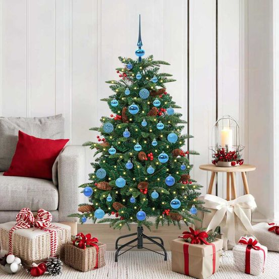 Grand sapin de noël artificiel vert 150 cm, kit lumineux tout-en-un avec led et boules
