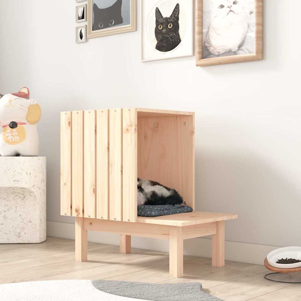 Niche chat bois pin massif repos brun 60cm pour chat extérieur rustique