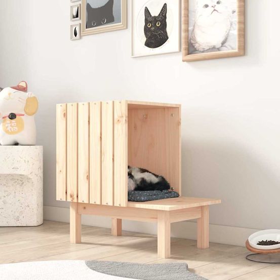 Niche chat bois pin massif repos brun 60cm pour chat extérieur rustique