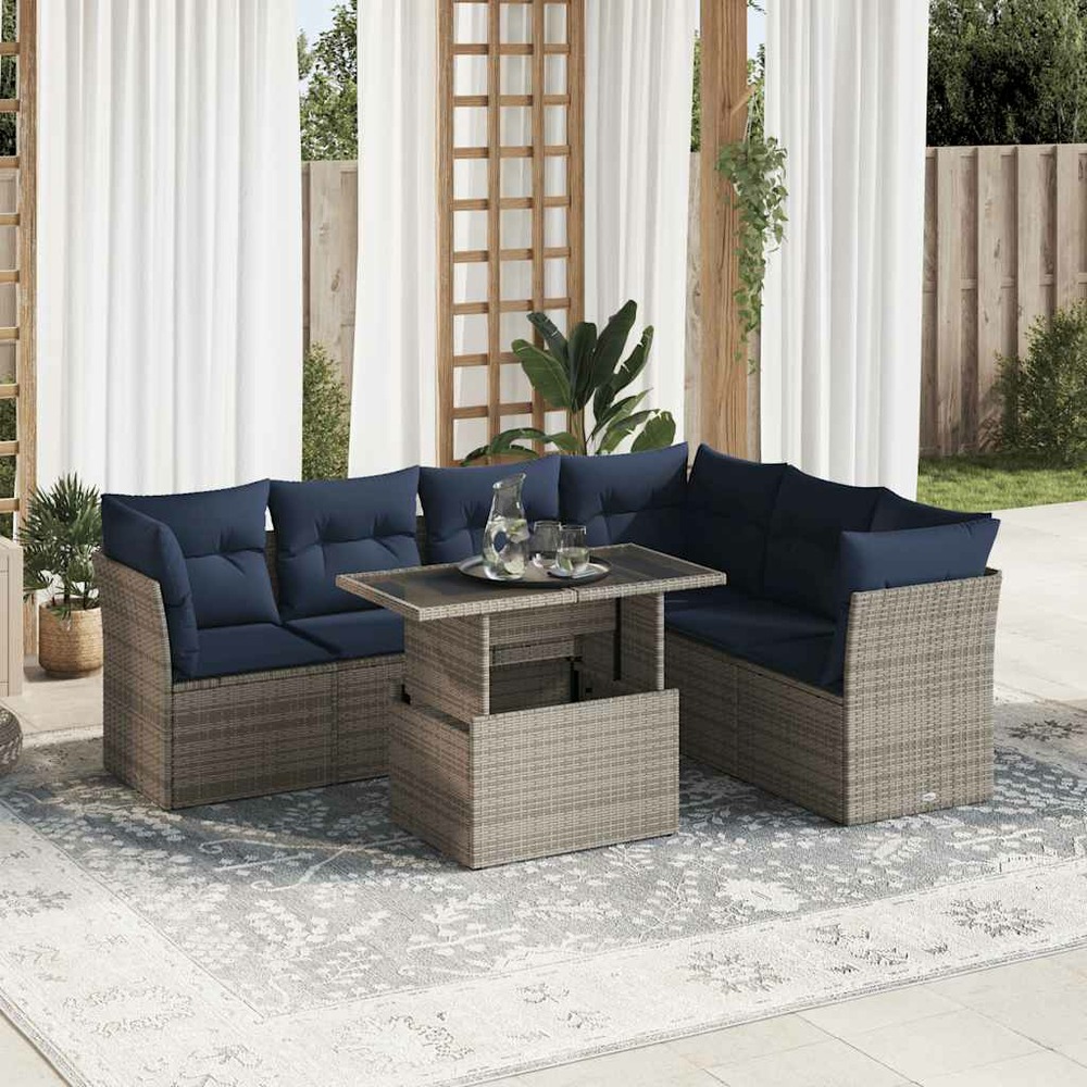 Salon de jardin avec coussins 7 pcs noir résine tressée acacia