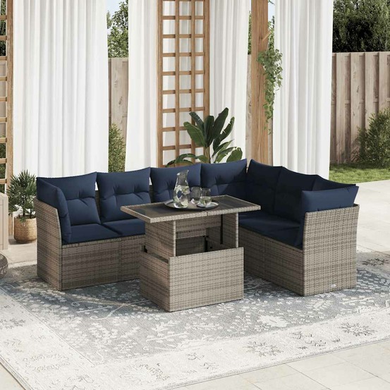 Salon de jardin avec coussins 7 pcs noir résine tressée acacia