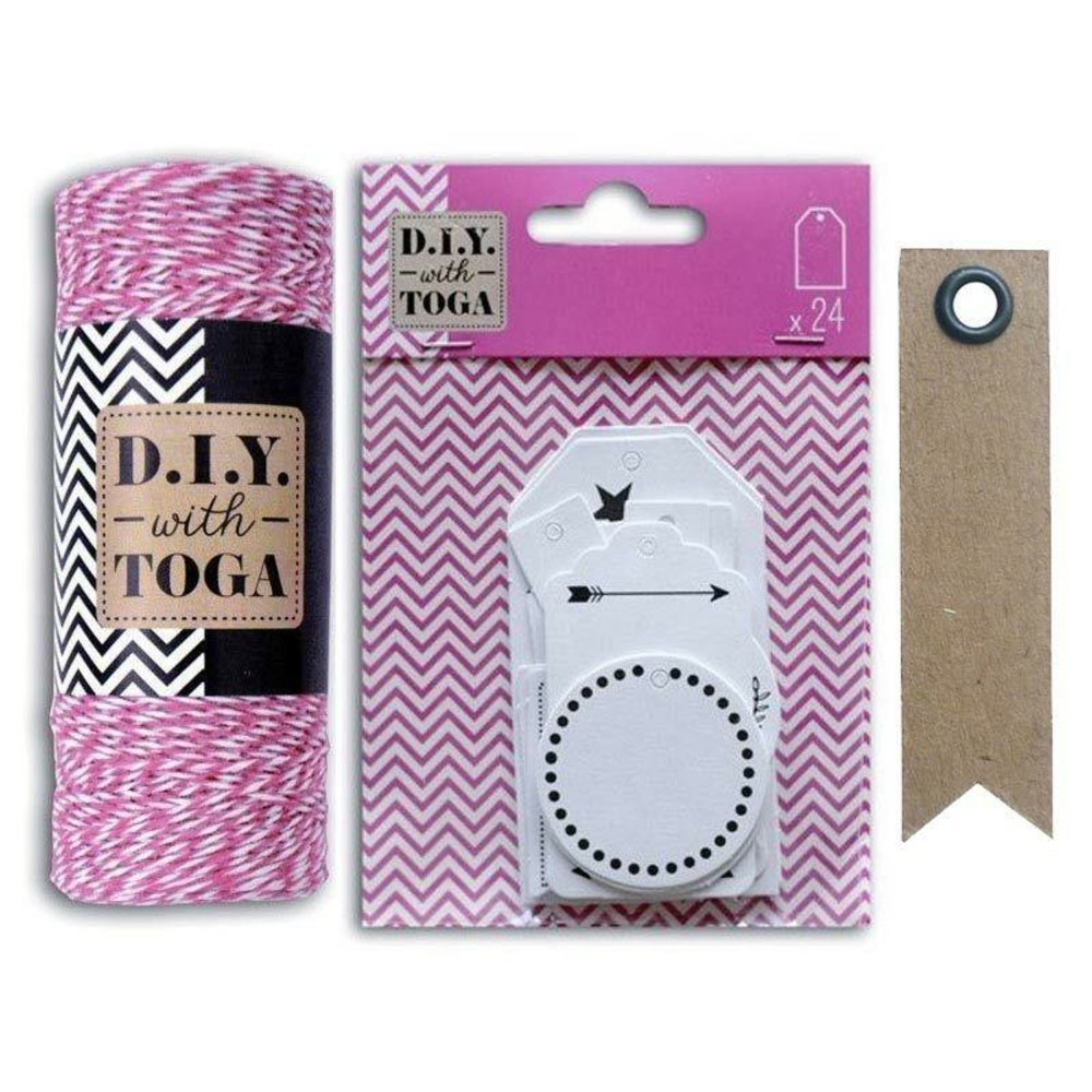 24 étiquettes blanches perforées + ficelle fuchsia-blanche + 20 étiquettes kraft fanion