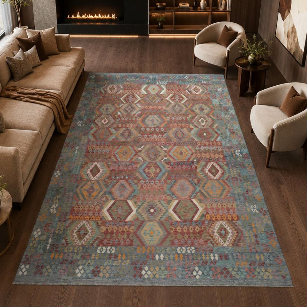 Tapis kilim 402 x 596 cm, multicolore, bleu et rouge, en laine tissé plat, kilim 91