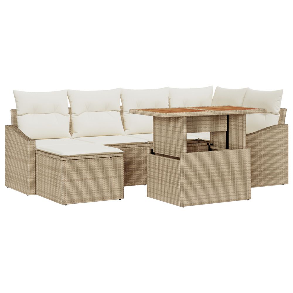 Ensemble de salle à manger de jardin 7 pièces avec coussins beige poly rotin acacia