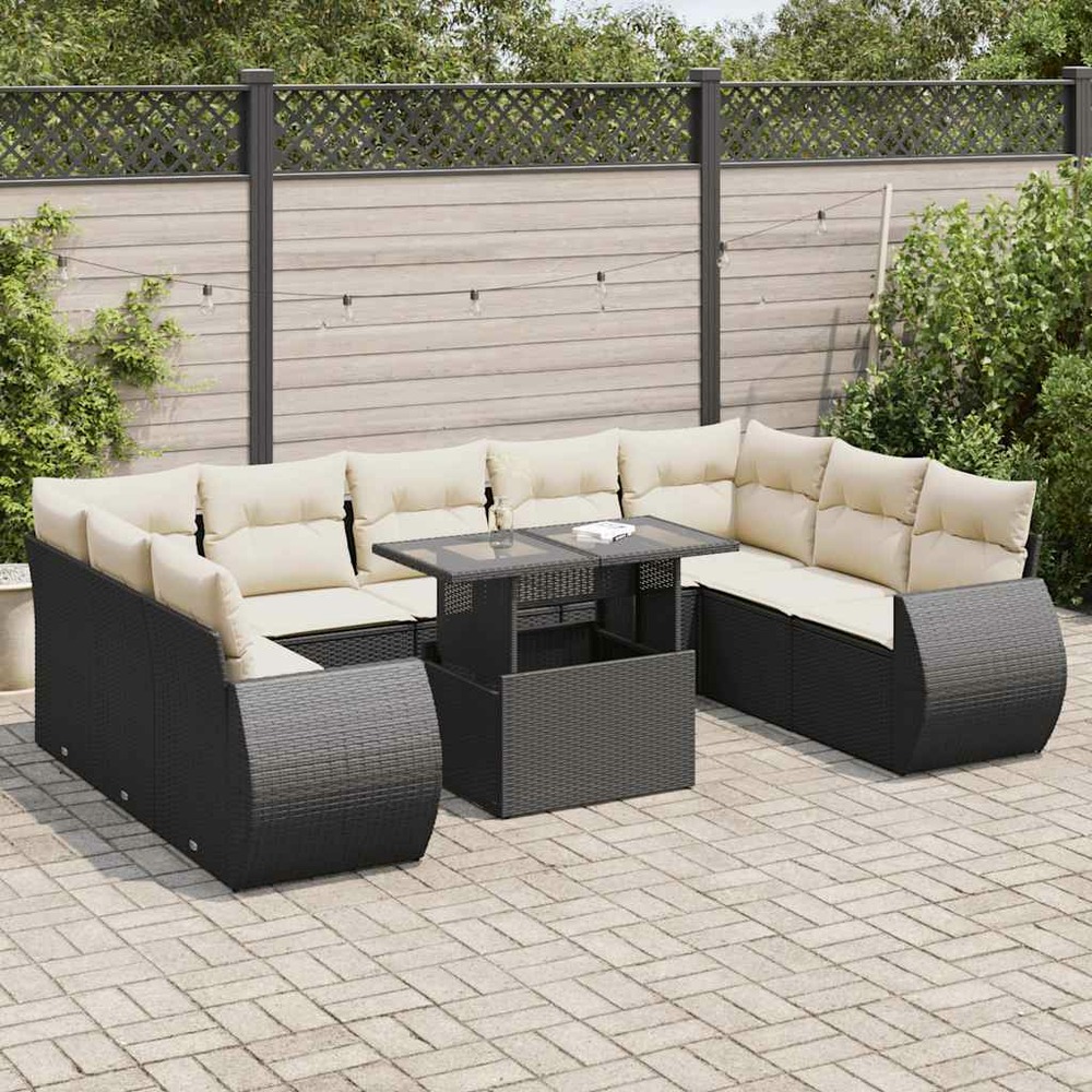 Salon de jardin 10 pcs avec coussins noir résine tressée