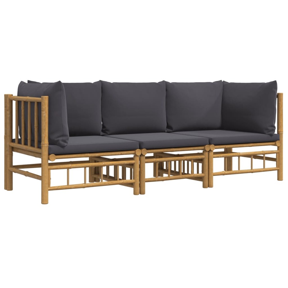 Salon de jardin meuble d'extérieur ensemble de mobilier 3 pièces avec coussins gris foncé bambou