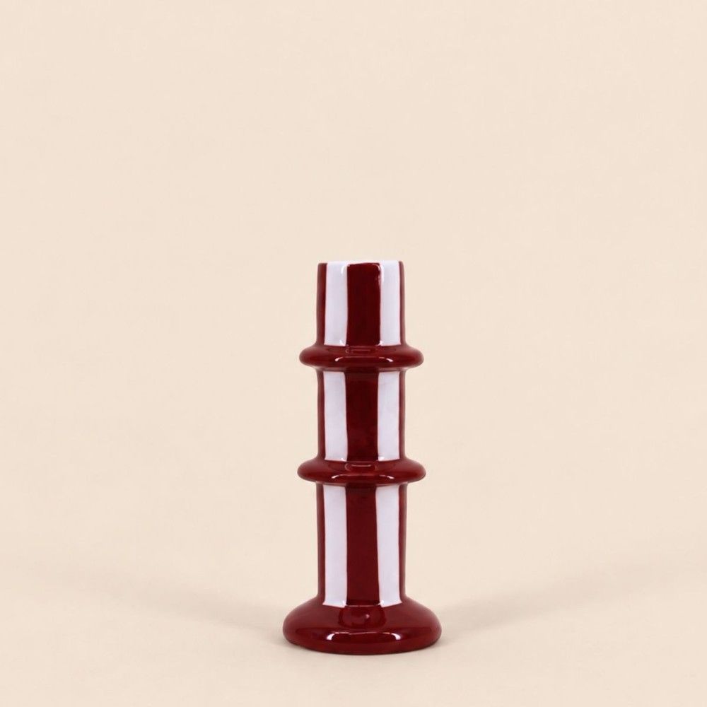 Bougeoir en céramique rayé bordeaux et blanc 15cm
