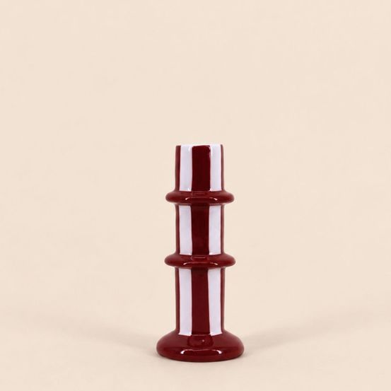 Bougeoir en céramique rayé bordeaux et blanc 15cm