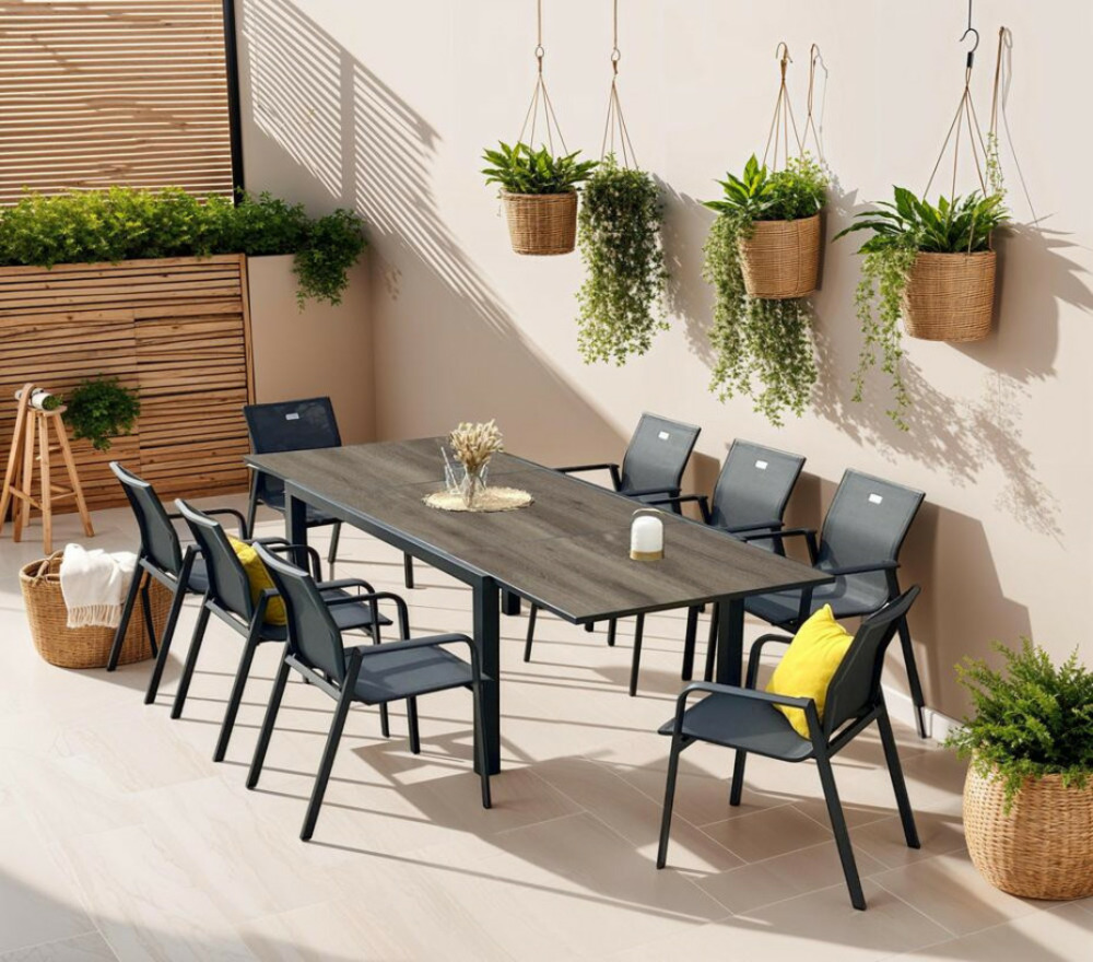 Ensemble table et chaises de jardin - 8 places - gris anthracite - guethary pspc chêne brun