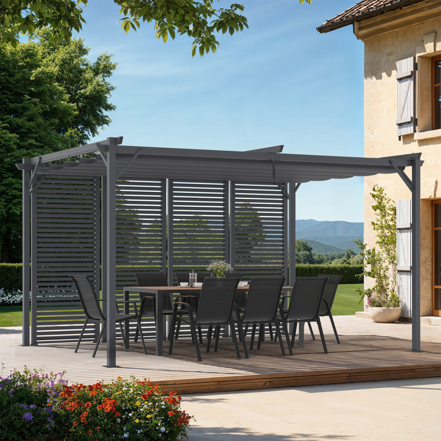 Pergola édition collector persienne toit rétractable 3x4m 4 pans modulables gris anthracite